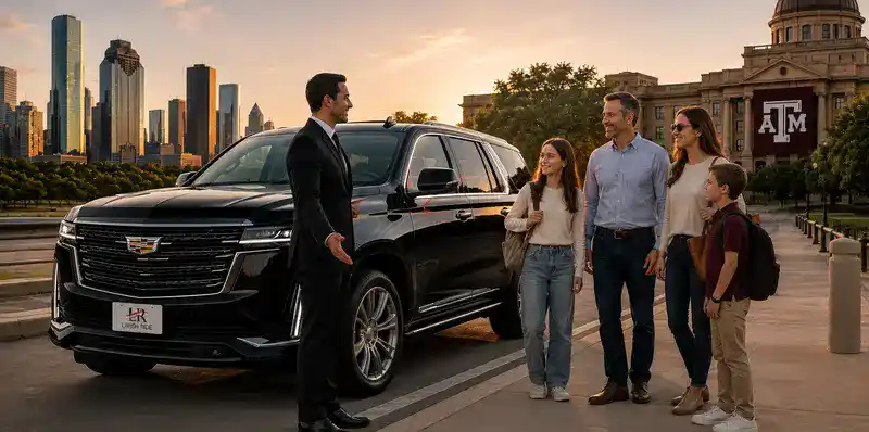 Chauffeur welcoming a family beside a luxury Cadillac Escalade with the official Lavish Ride logo on the front license plate outside Texas A&M University, representing private transportation between Houston and College Station.